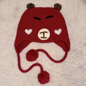 NEW UO Red Brown and White Winter Bear Hat with Pom Poms